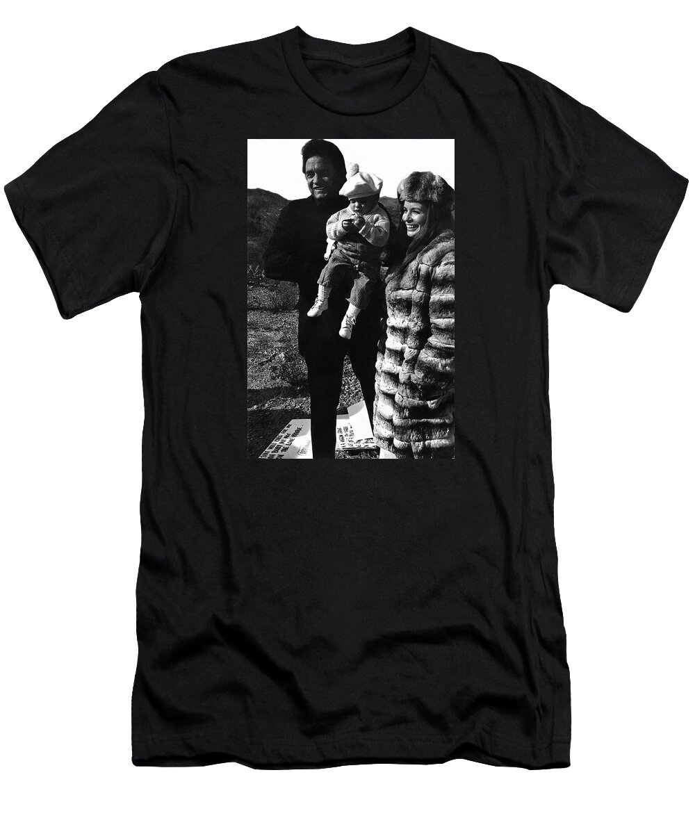 Johnny Cash And Family Old Tucson Az Cue Cards T-Shirt featuring the photograph Johnny Cash and family Old Tucson Arizona 1971 by David Lee Guss