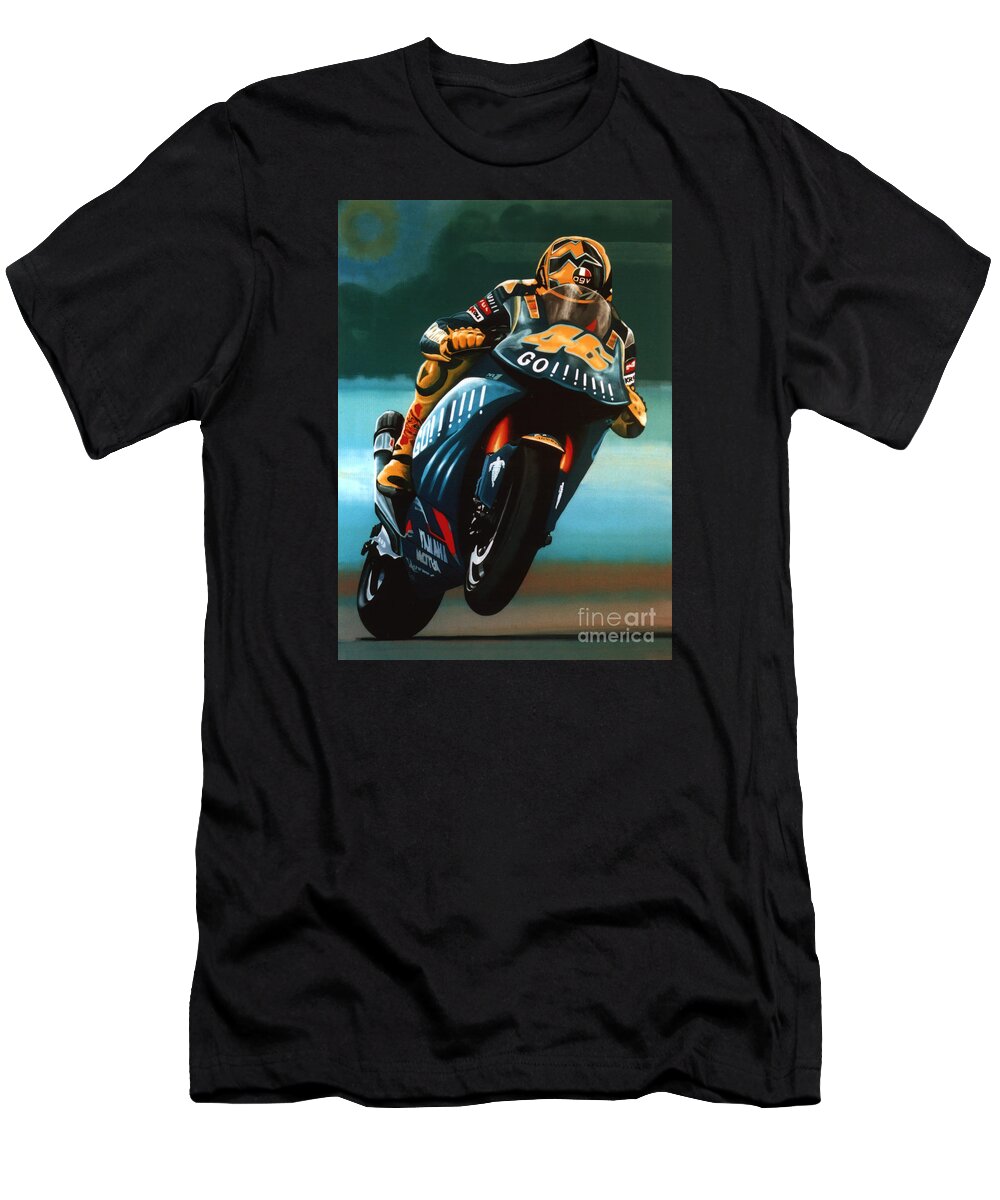 Valentino Rossi On Ducati T-Shirt featuring the painting Jumping Valentino Rossi by Paul Meijering