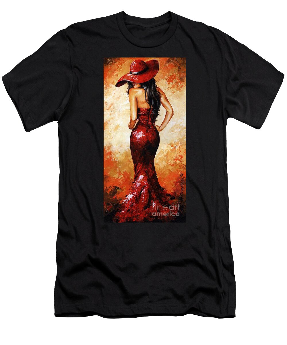 Lady T-Shirt featuring the painting Lady in Red 035 by Emerico Imre Toth