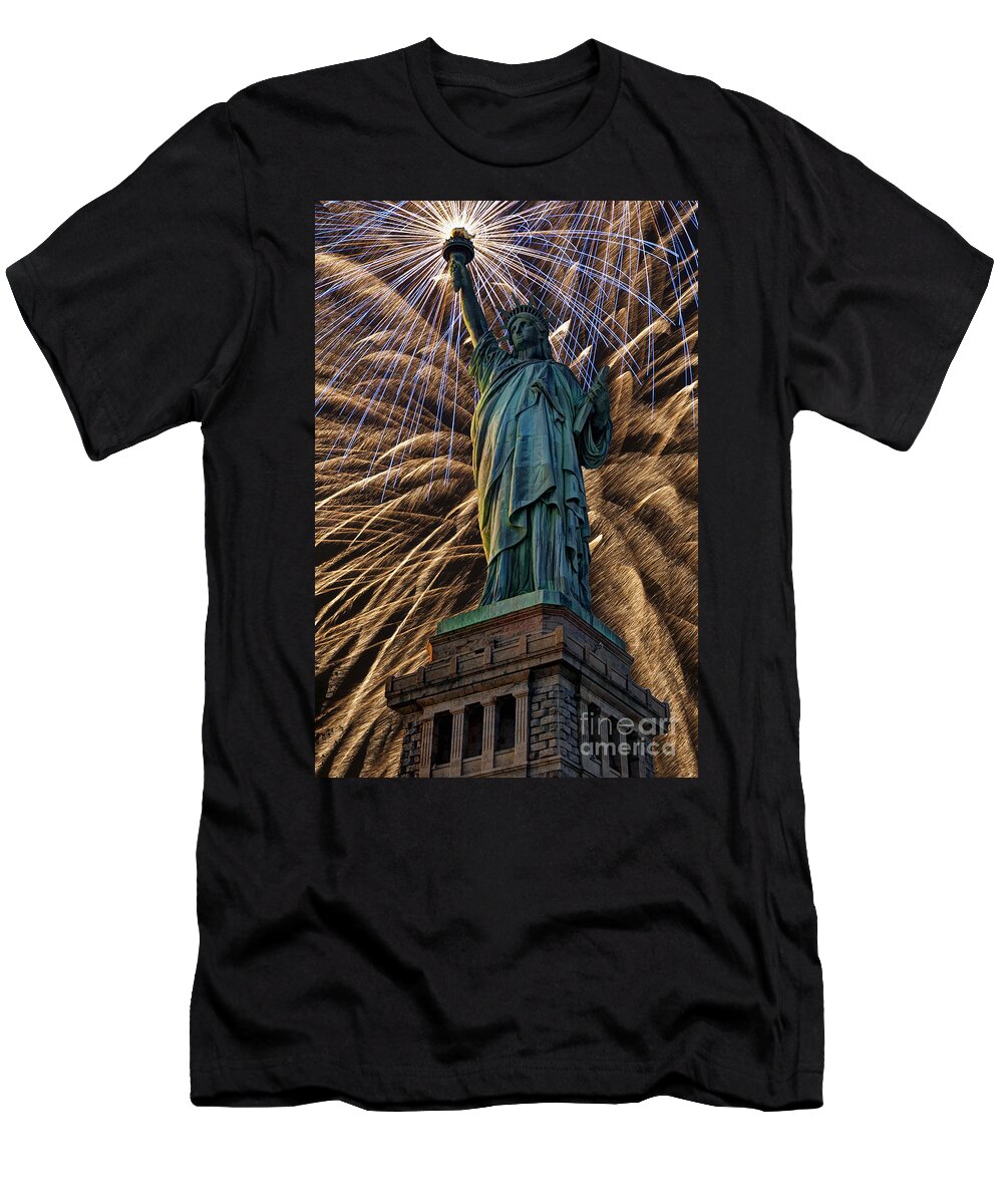 Statue Of Liberty T-Shirt featuring the photograph Liberty Fireworks by Steve Purnell