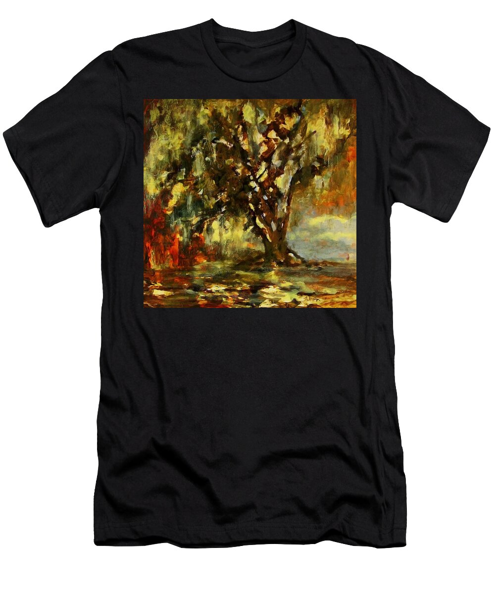 Art T-Shirt featuring the painting Light through the Moss tree landscape painting by Julianne Felton