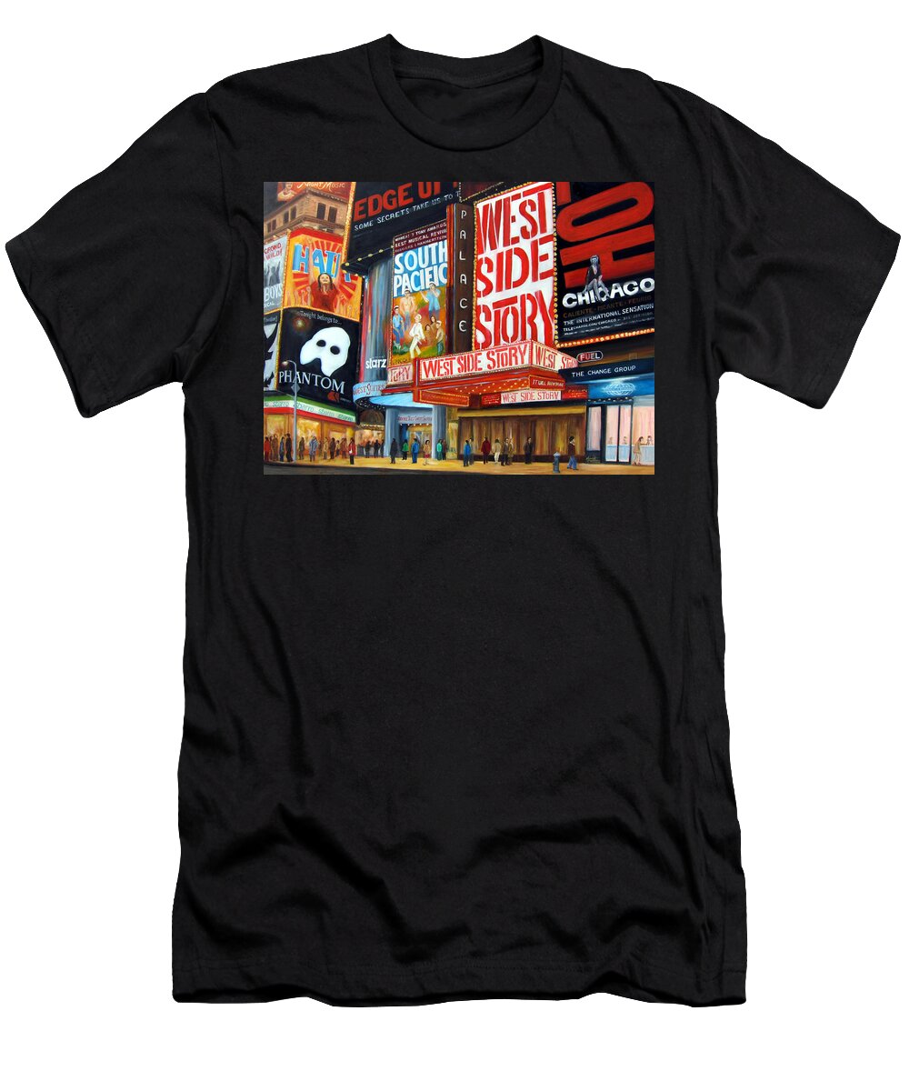 New York City T-Shirt featuring the painting Lights on Broadway by Leonardo Ruggieri
