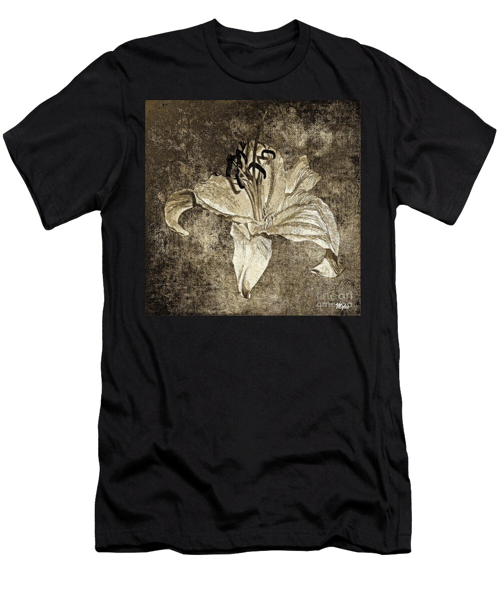 Lily Distressed White T-Shirt featuring the painting Lily Distresed White Sepia by Saundra Myles