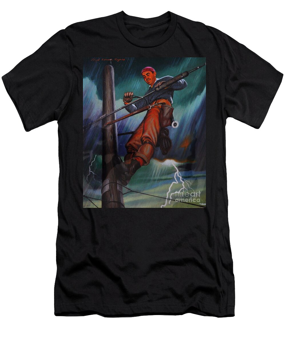 Lineman T-Shirt featuring the photograph Lineman in Storm by Andrea Kollo