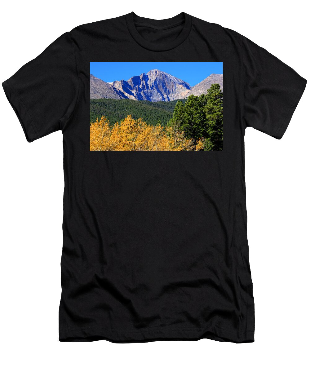 Mountains T-Shirt featuring the photograph Longs Peak Autumn Aspen Landscape View by James BO Insogna