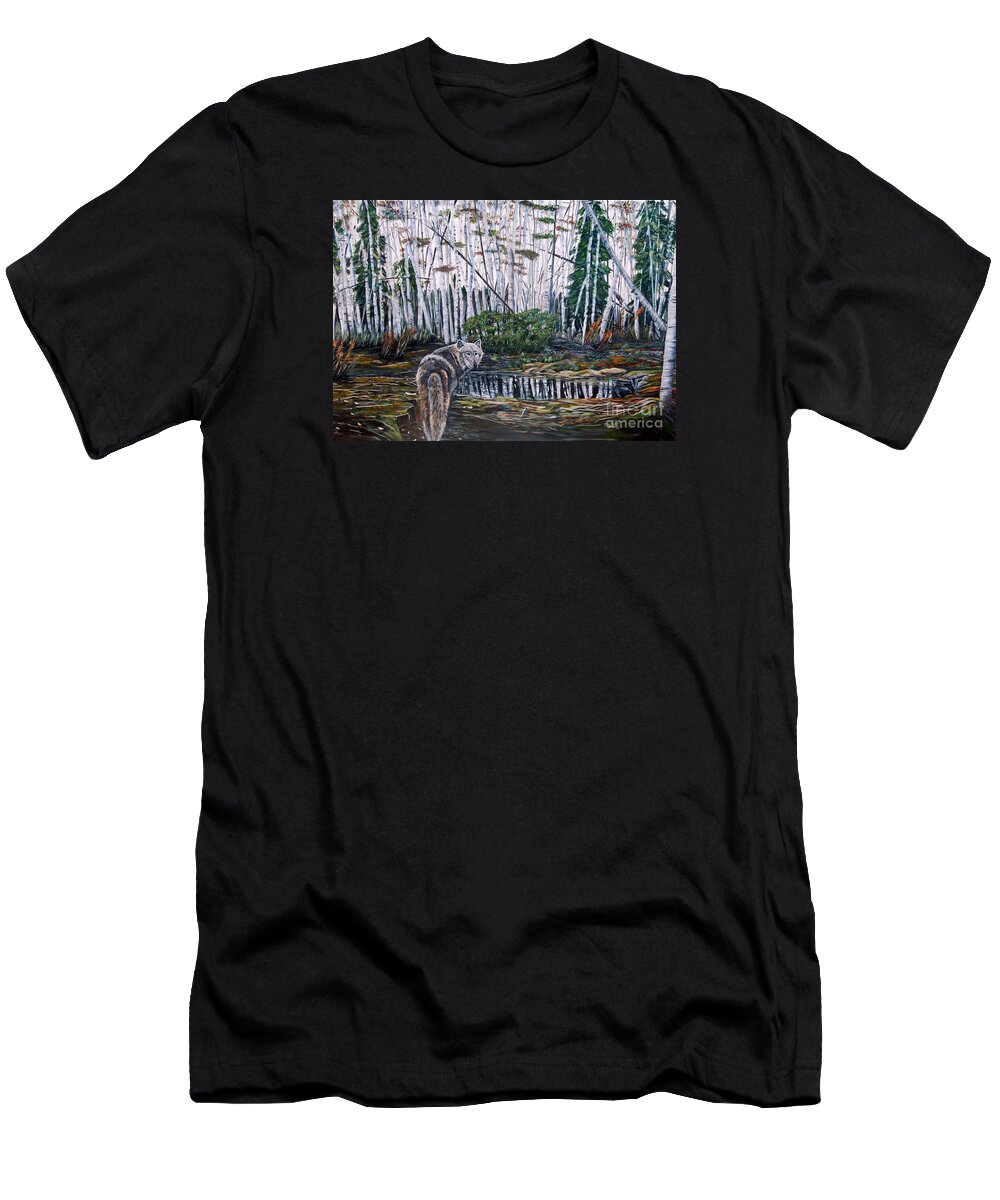 Wolf T-Shirt featuring the painting Looking back by Marilyn McNish