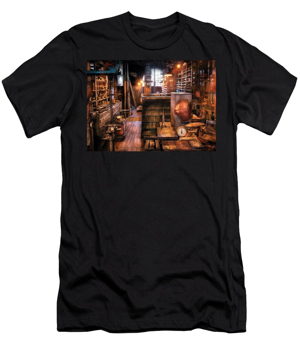 Machinist T-Shirt featuring the photograph Machinist - Ed's Stock Room by Mike Savad