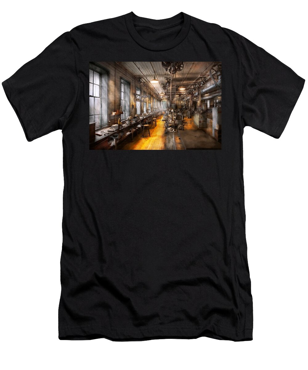 Steampunk T-Shirt featuring the photograph Machinist - Santa's old workshop by Mike Savad