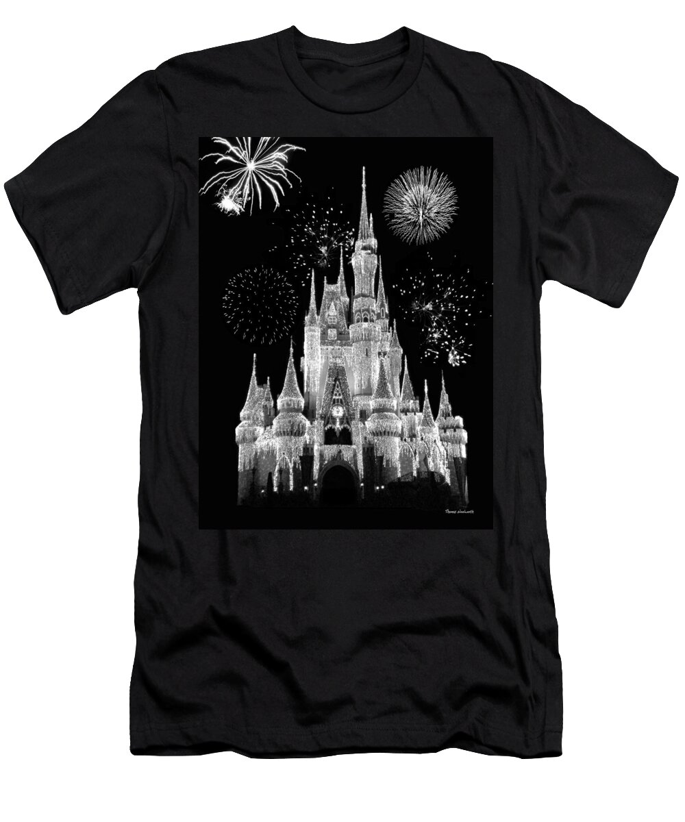 Black And White T-Shirt featuring the photograph Magic Kingdom Castle in Black and White with Fireworks Walt Disney World by Thomas Woolworth