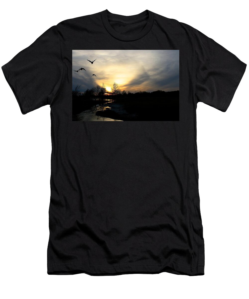 Ducks T-Shirt featuring the photograph Mallards Silhouette at Sunset by Jeff Mize