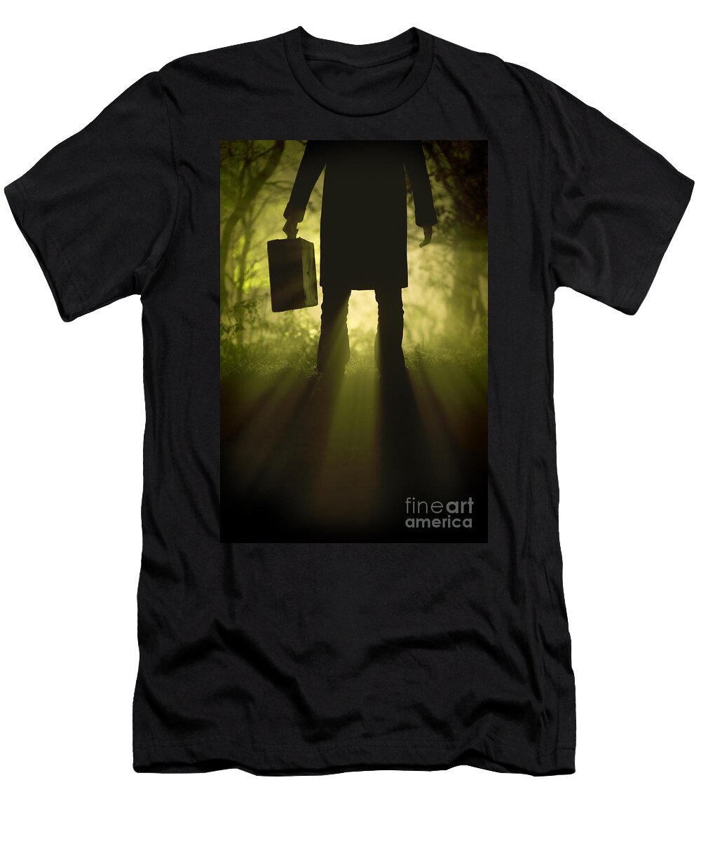 Man T-Shirt featuring the photograph Man With Case In Fog by Lee Avison