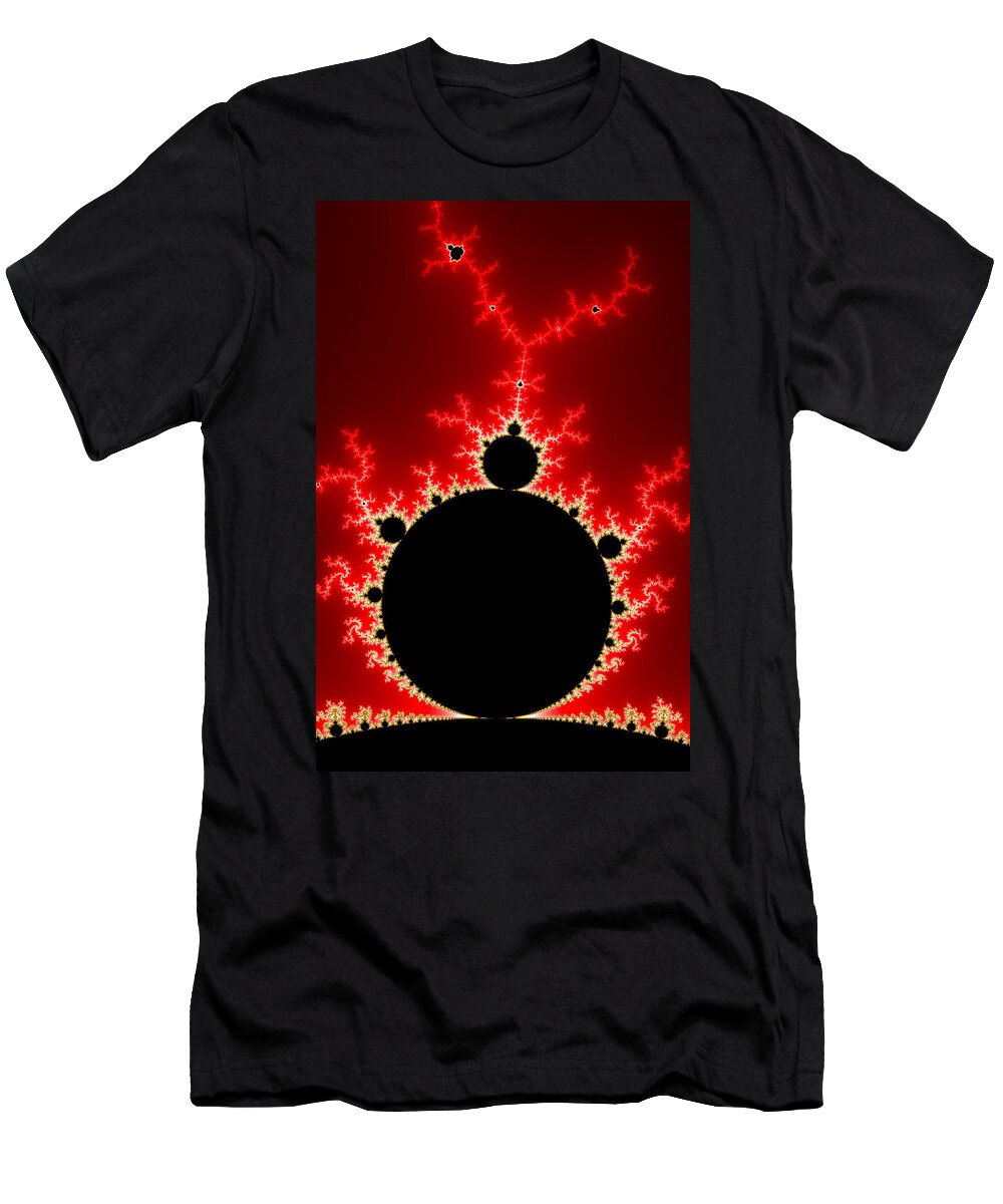 Red T-Shirt featuring the digital art Mandelbrot fractal flash power red and black by Matthias Hauser
