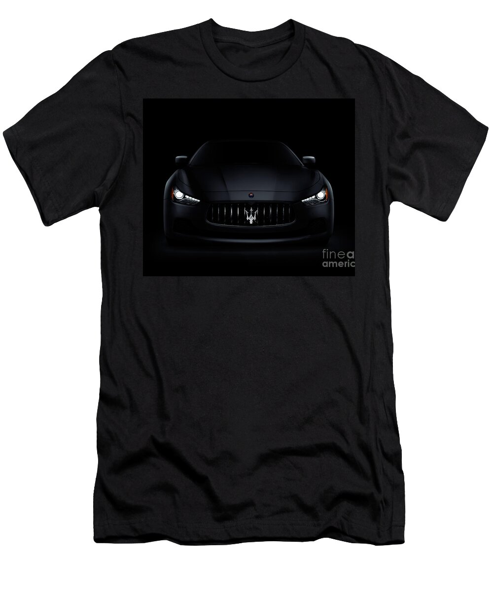 Maserati T-Shirt featuring the photograph Maserati Ghibli S Q4 luxury car on black by Maxim Images Exquisite Prints