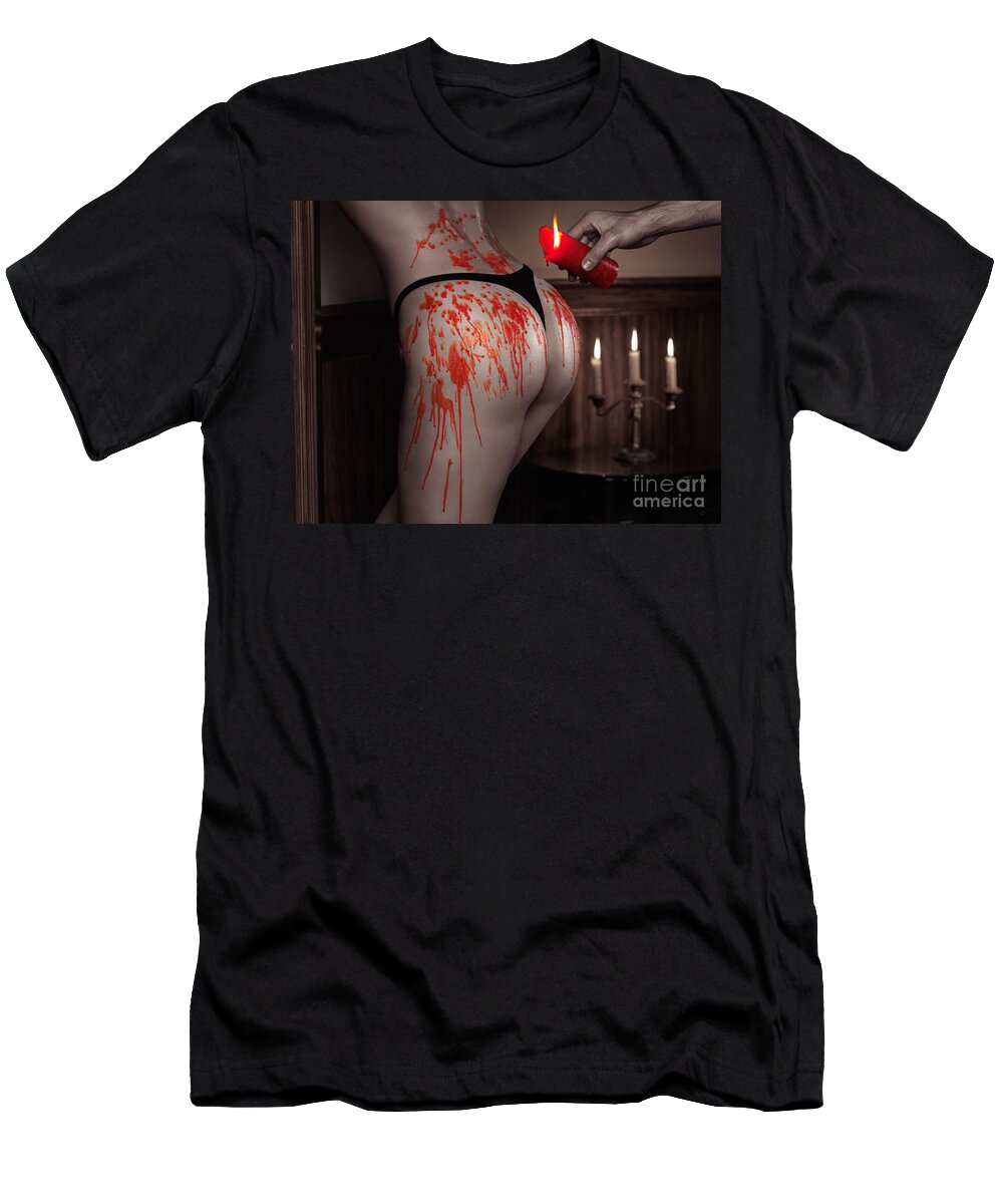 Sex T-Shirt featuring the photograph Melted red wax dripping from candle on sexy woman body by Maxim Images Exquisite Prints