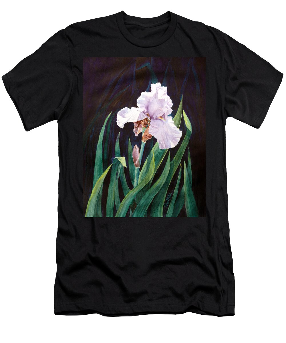 White Iris T-Shirt featuring the painting Midnight Iris by Karen Mattson