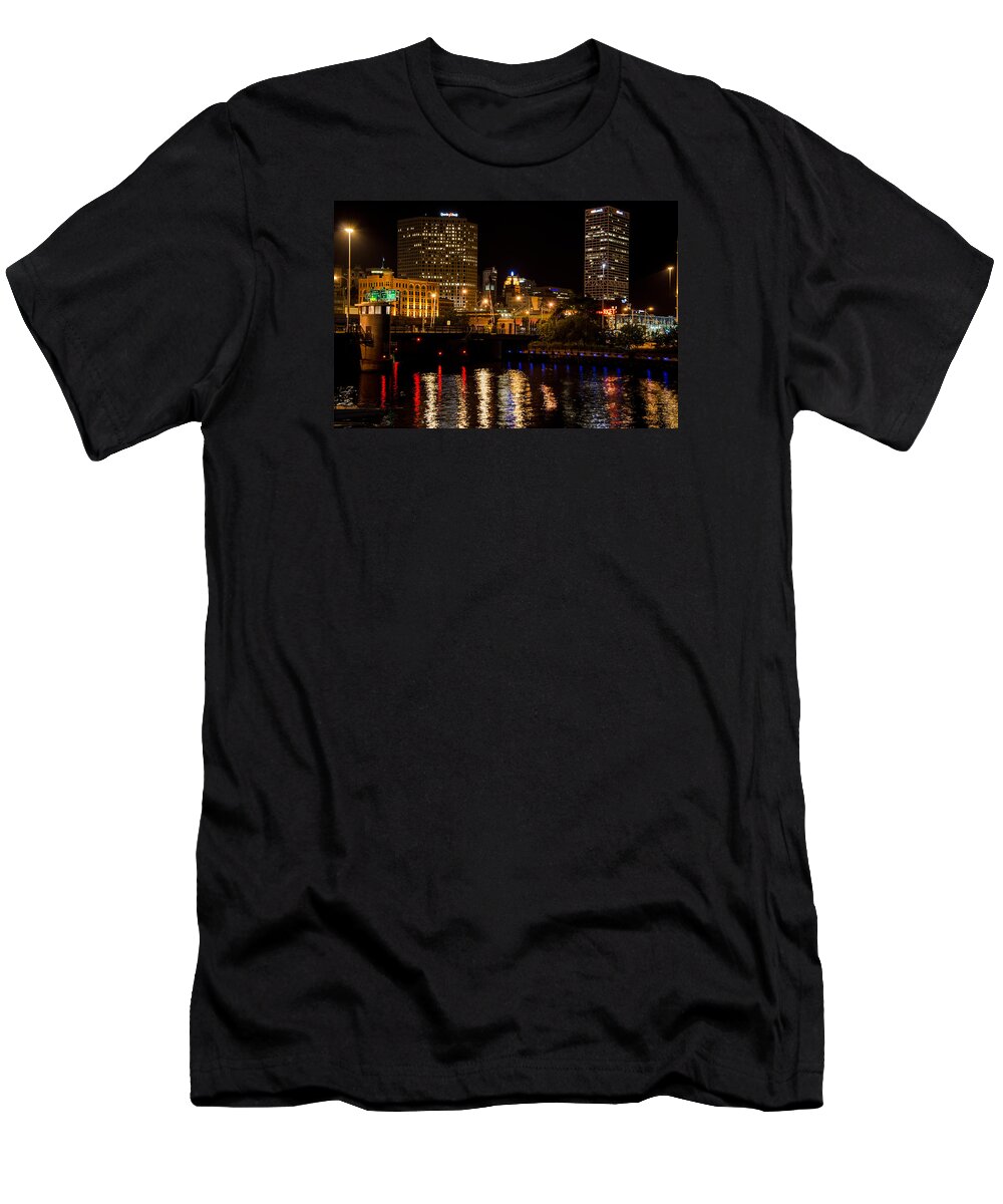 St. Paul Street T-Shirt featuring the photograph Milwaukee River and Downtown Skyline by Susan McMenamin