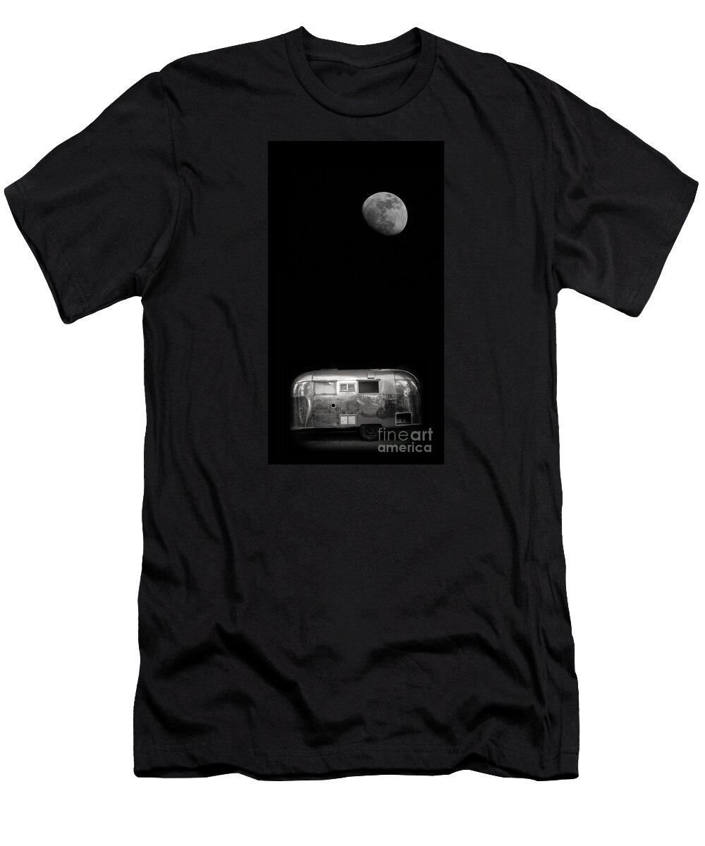 Black T-Shirt featuring the photograph Moonrise over Airstream by Edward Fielding