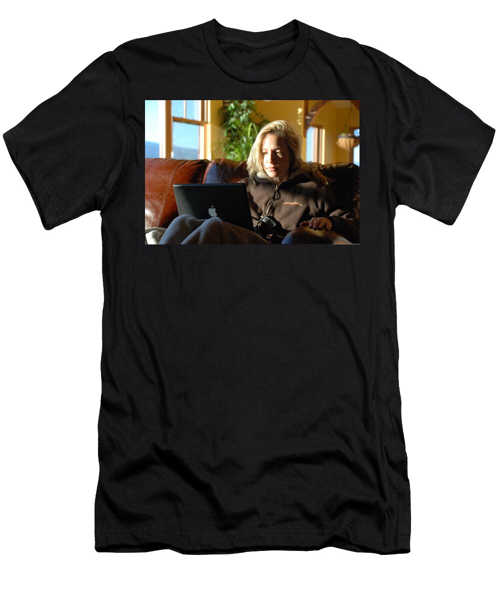 Candid T-Shirt featuring the photograph Morning Check of Emails by Eric Tressler