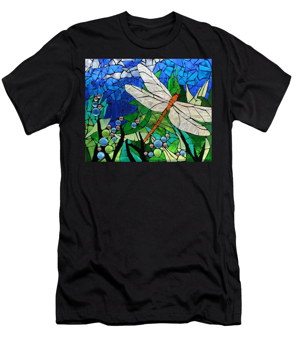 Dragonfly T-Shirt featuring the glass art Mosaic Stained Glass - Golden Brown Dragonfly by Catherine Van Der Woerd