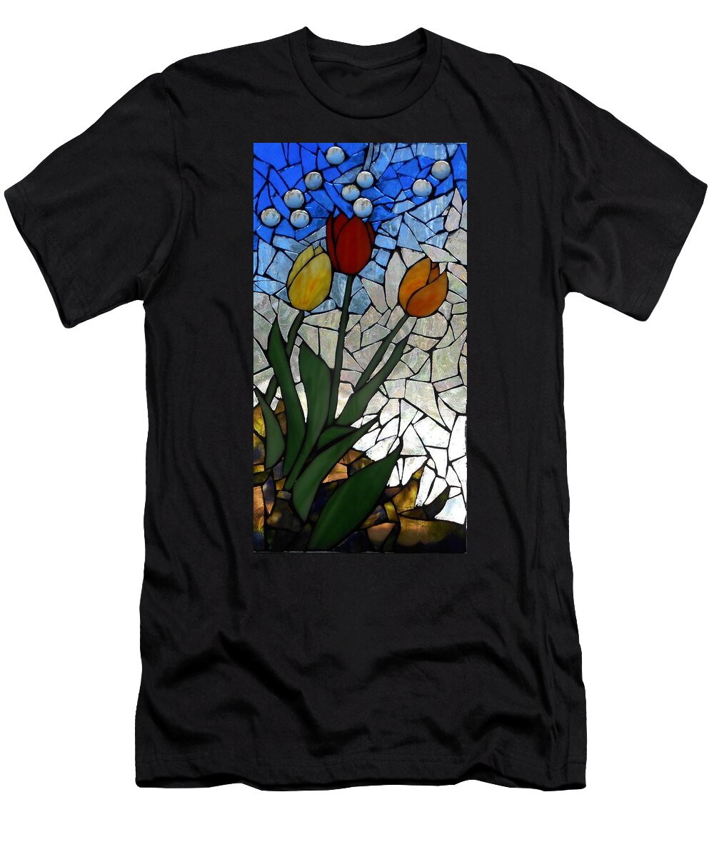 Tulips T-Shirt featuring the glass art Mosaic Stained Glass - Spring Shower by Catherine Van Der Woerd