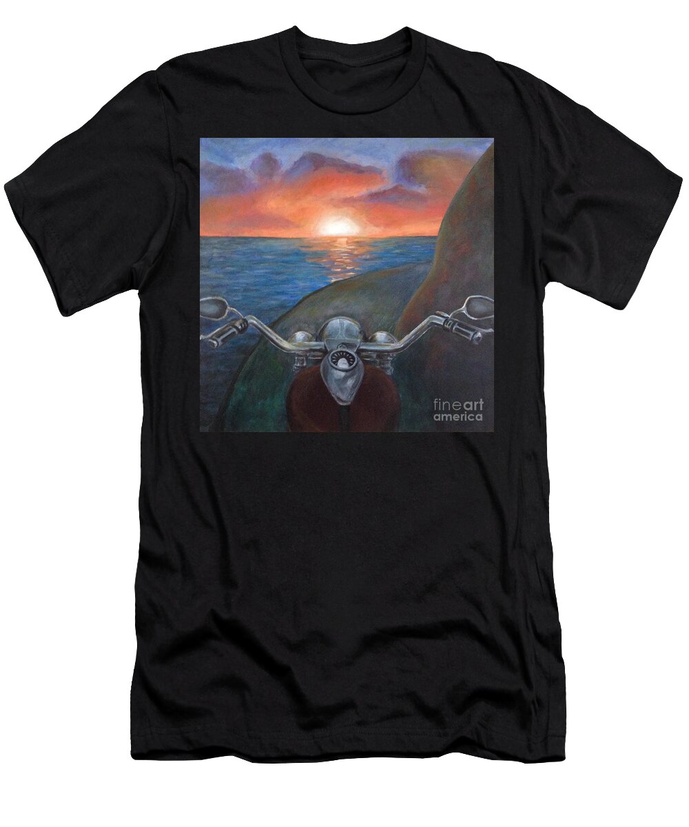 Motorcycle T-Shirt featuring the painting Motorcycle Sunset by Samantha Geernaert