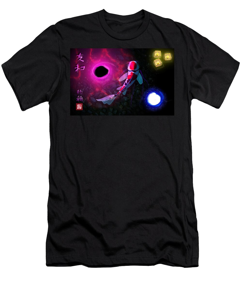 Koi T-Shirt featuring the digital art Mystical yin yang energy pond by John Wills