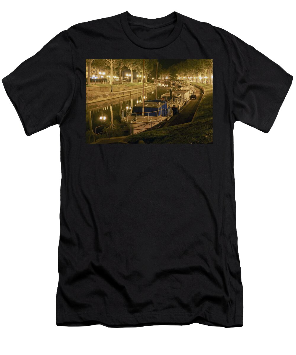 Narbonne T-Shirt featuring the photograph Narbonne France Canal de la Robine at night DSC01657 by Greg Kluempers