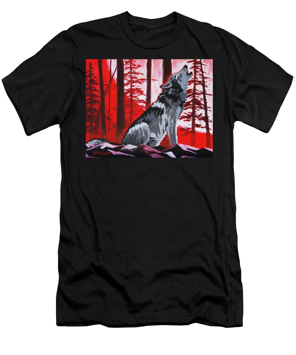 Sports T-Shirt featuring the painting Wolf with red sky by Tommy Midyette