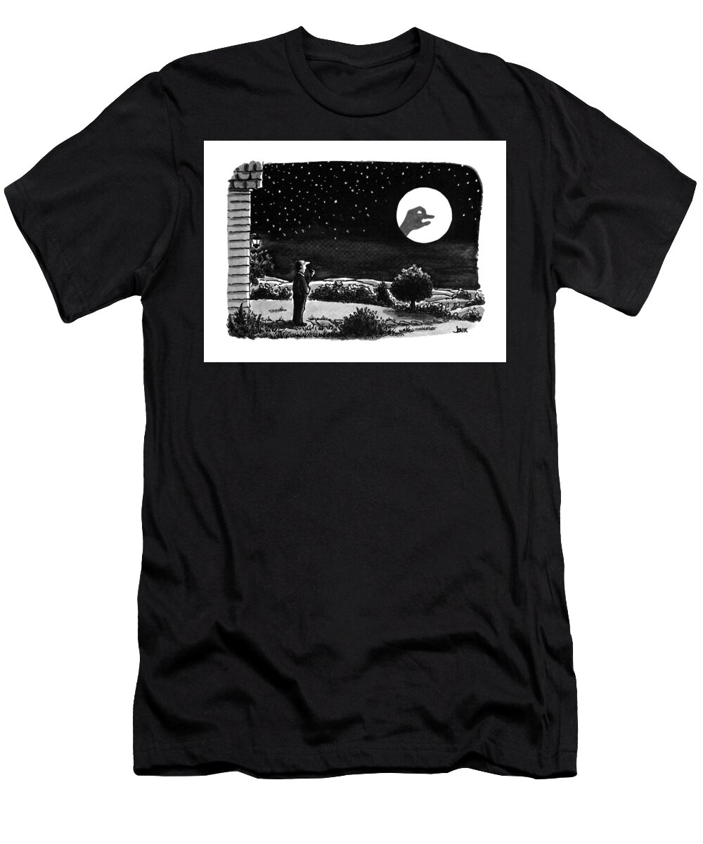 (a Man Outside His House Looks At The Moon. He Is Surprised To See A Shadow Puppet On Its Surface.) 
Psychology T-Shirt featuring the drawing New Yorker April 16th, 1990 by John Jonik