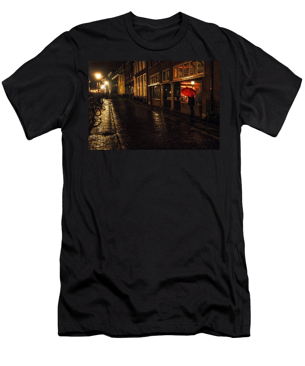 Netherlands T-Shirt featuring the photograph Night Lights of Utrecht. Orange Umbrella. Netherlands by Jenny Rainbow