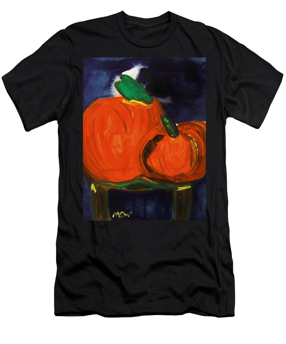 Pumpkins T-Shirt featuring the painting Night Pumpkins by Mary Carol Williams