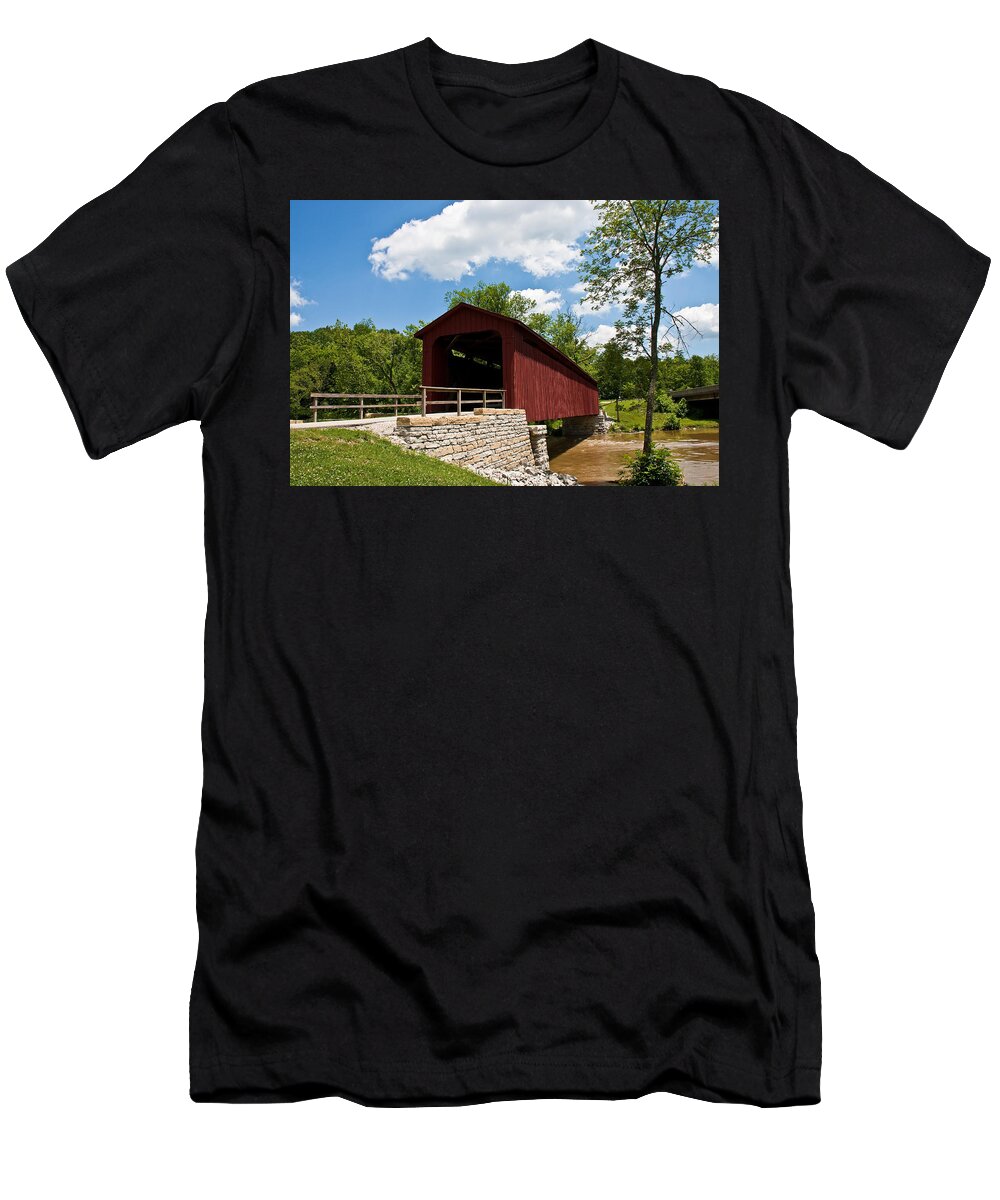Architecture T-Shirt featuring the photograph Old Red Bridge by Stone Wall by Darryl Brooks