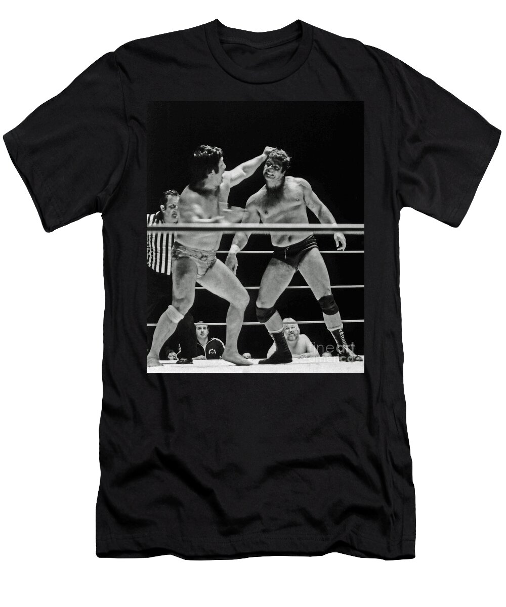 Old School Wrestling T-Shirt featuring the photograph Old School Wrestlers Dean Ho and Don Muraco Battling it out in the Middle of the Ring by Jim Fitzpatrick