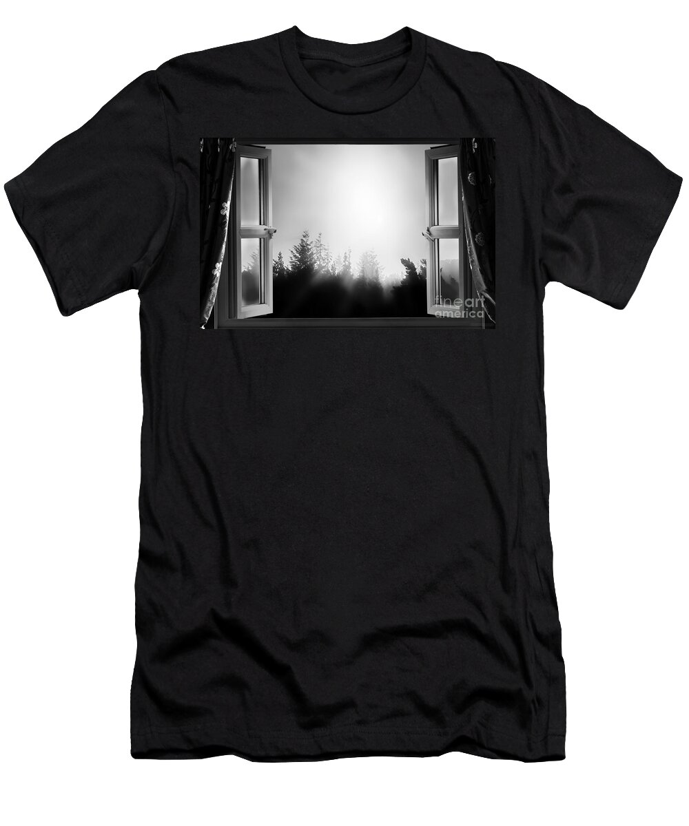 Window T-Shirt featuring the photograph Open window at night BW by Simon Bratt