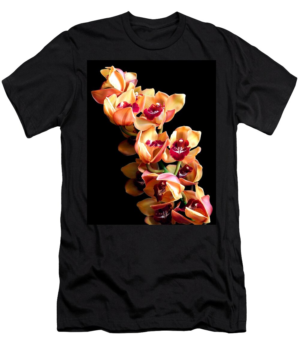 Flowers T-Shirt featuring the photograph Orange Cymbidium Still Life Flower Art Poster by Lily Malor
