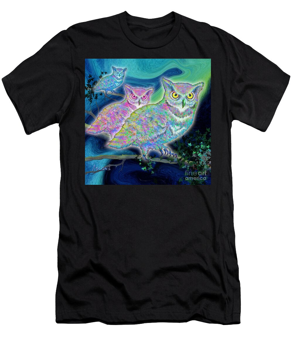 Owls At Midnight T-Shirt featuring the painting Owls at Midnight Square by Teresa Ascone