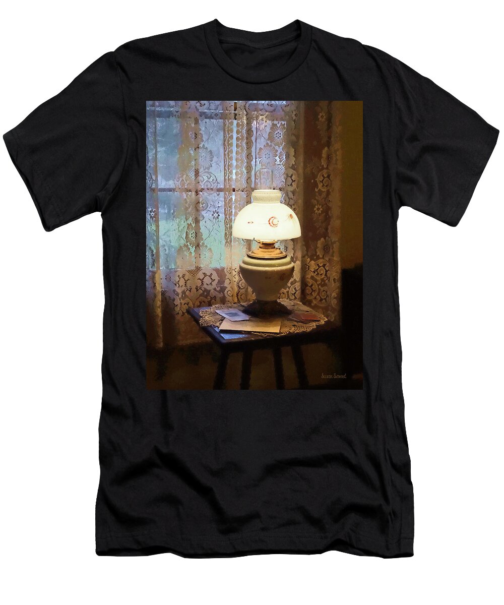 Lamp T-Shirt featuring the photograph Parlor With Hurricane Lamp by Susan Savad