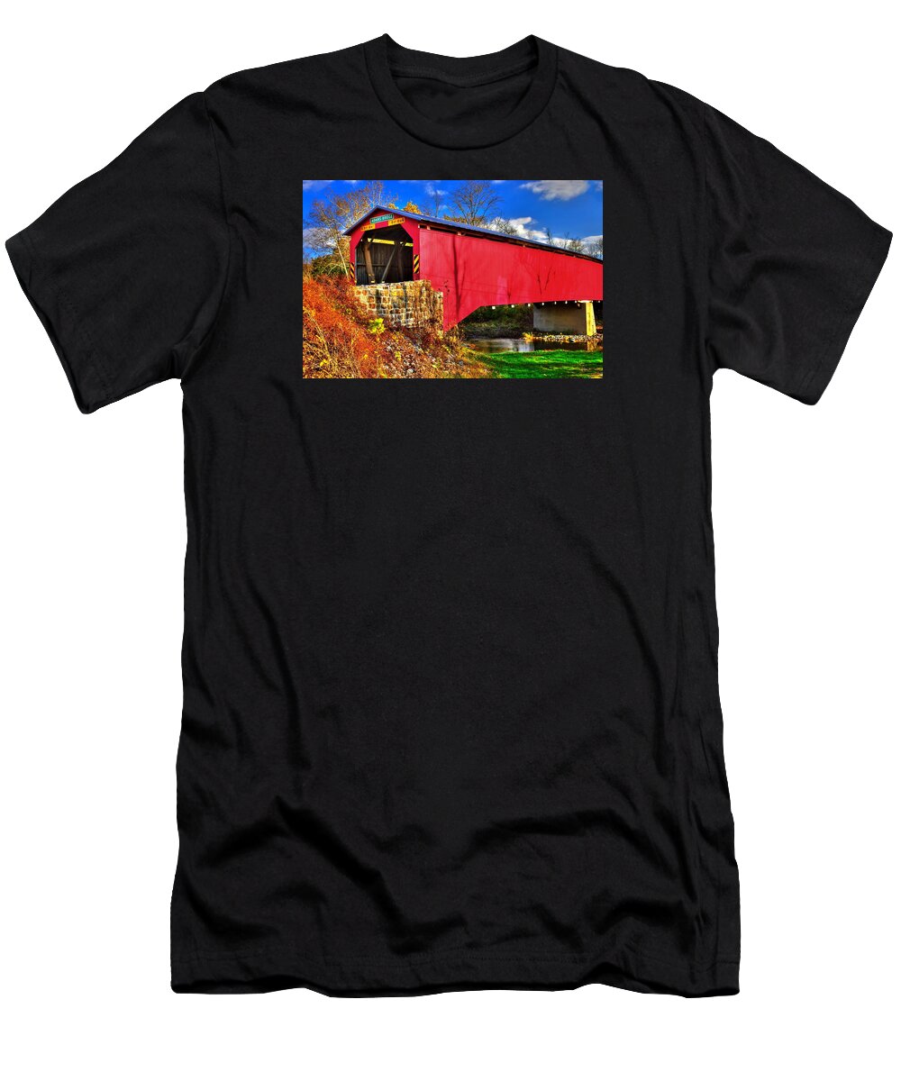 Adairs Covered Bridge T-Shirt featuring the photograph Pennsylvania Country Roads - Adairs Covered Bridge Over Sherman Creek - Perry County by Michael Mazaika