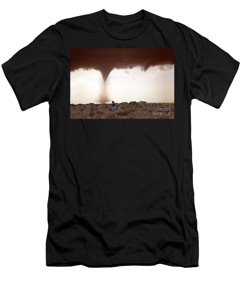 Tornado T-Shirt featuring the photograph People Running From Tornado by Mike Agliolo