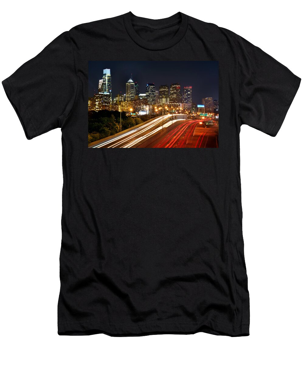 Philadelphia Skyline At Night T-Shirt featuring the photograph Philadelphia Skyline at Night in Color car light trails by Jon Holiday