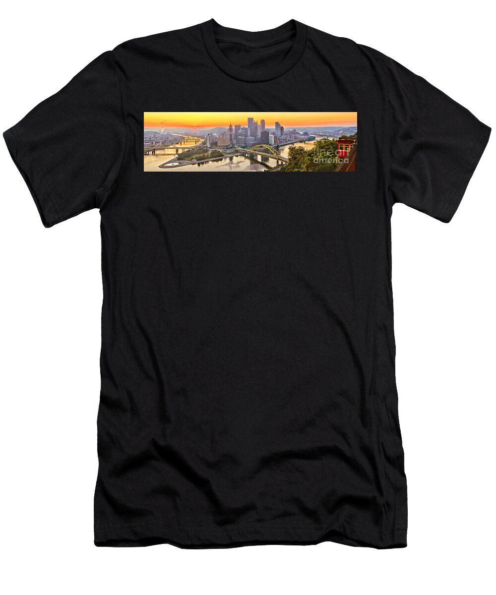 Duquesne Incline T-Shirt featuring the photograph Pittsburgh Incline Sunrise Panorama by Adam Jewell