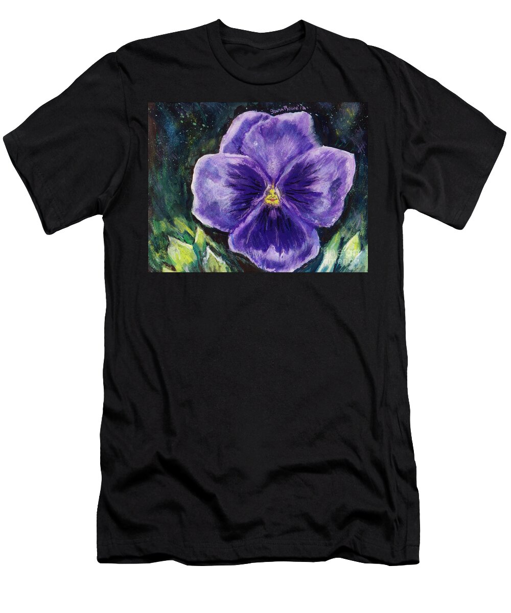 Flower T-Shirt featuring the painting Pretty Purple Pansy Person by Shana Rowe Jackson