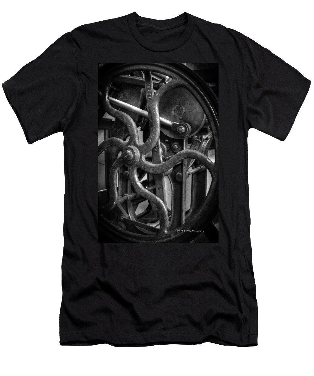 Platen Press T-Shirt featuring the photograph Printing Press Flywheel by Al Griffin