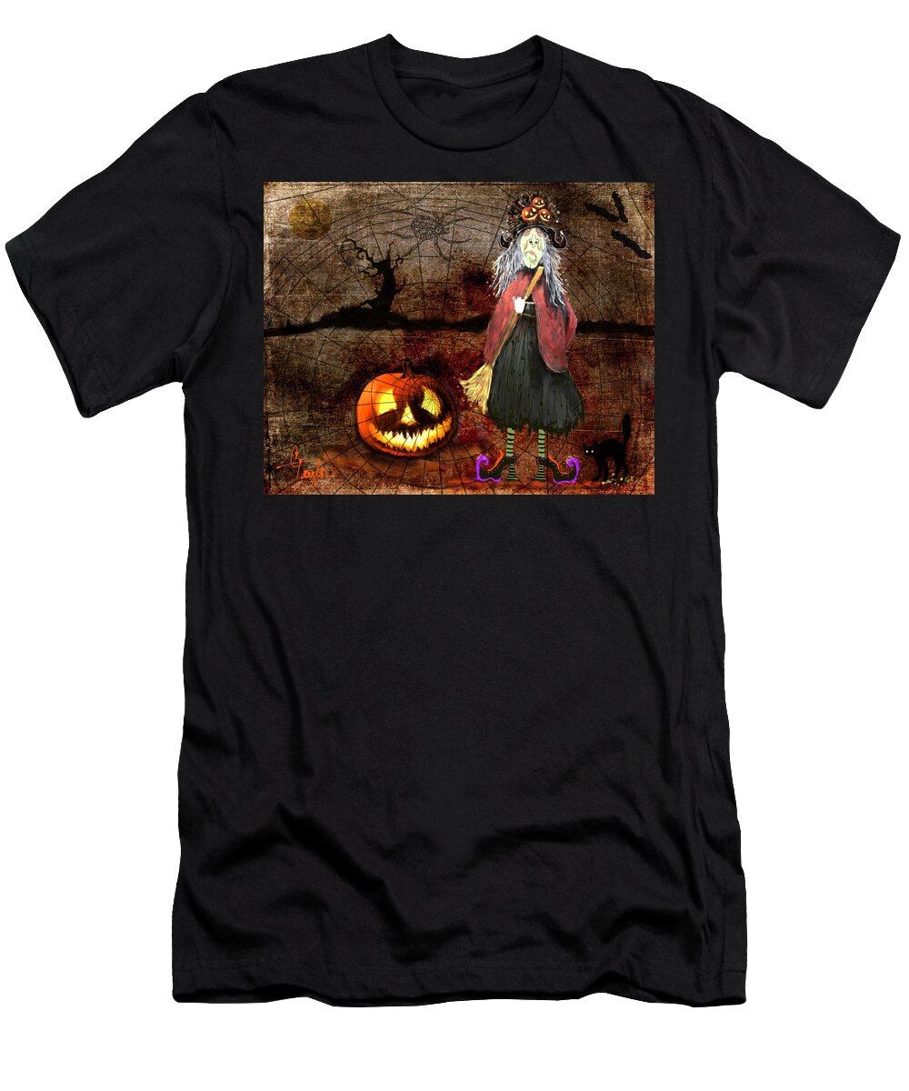Halloween T-Shirt featuring the painting Pumpkinella The Magical Good Witch and Her Magical Cat by Colleen Taylor