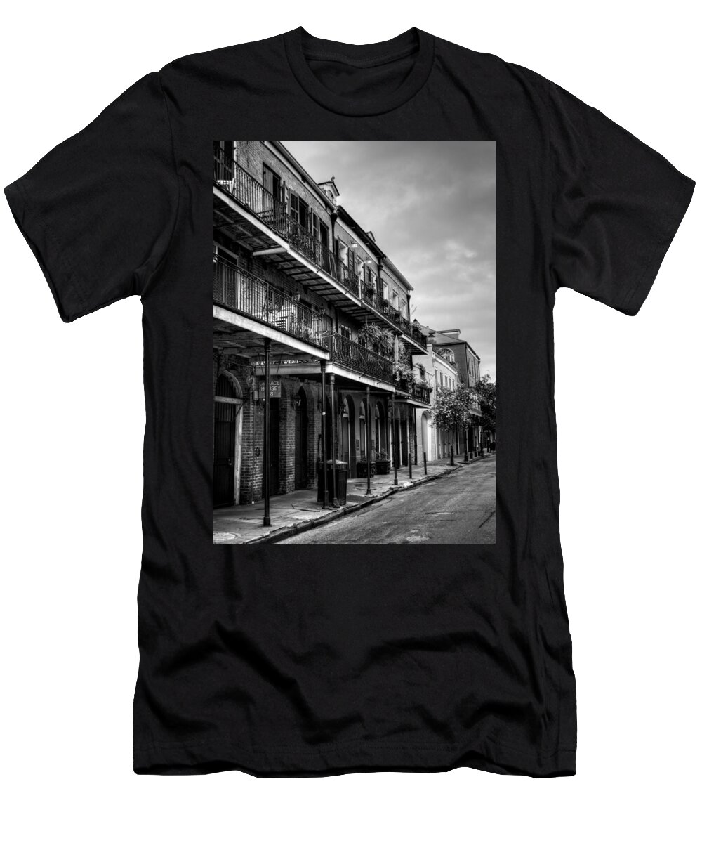 Chartres Street T-Shirt featuring the photograph Quiet Morning in the French Quarter in Black and White by Greg and Chrystal Mimbs