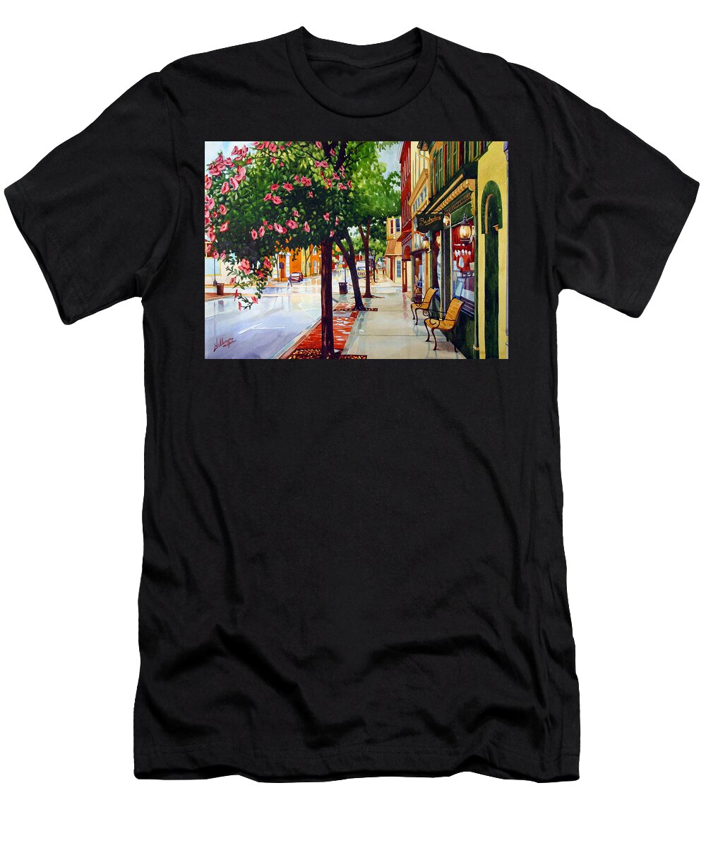 Watercolor T-Shirt featuring the painting Rain on Market by Mick Williams