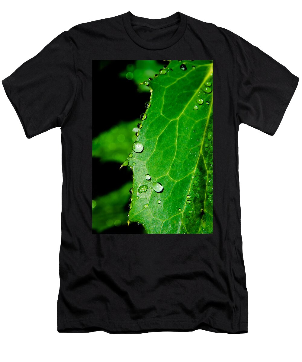 Raindrops T-Shirt featuring the photograph Raindrops On Green Leaf by Andreas Berthold