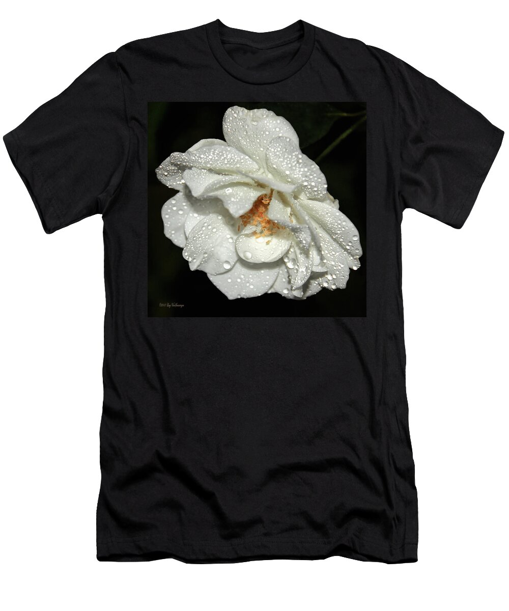 Raindrops Flower Canvas Print T-Shirt featuring the photograph Rainy Day Rose by Lucy VanSwearingen