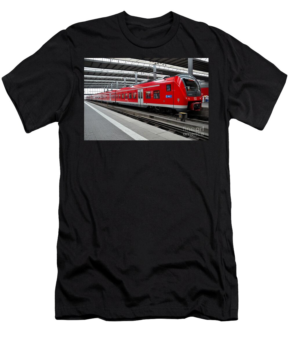 Train T-Shirt featuring the photograph Red commuter train parked at Munich station Germany by Imran Ahmed