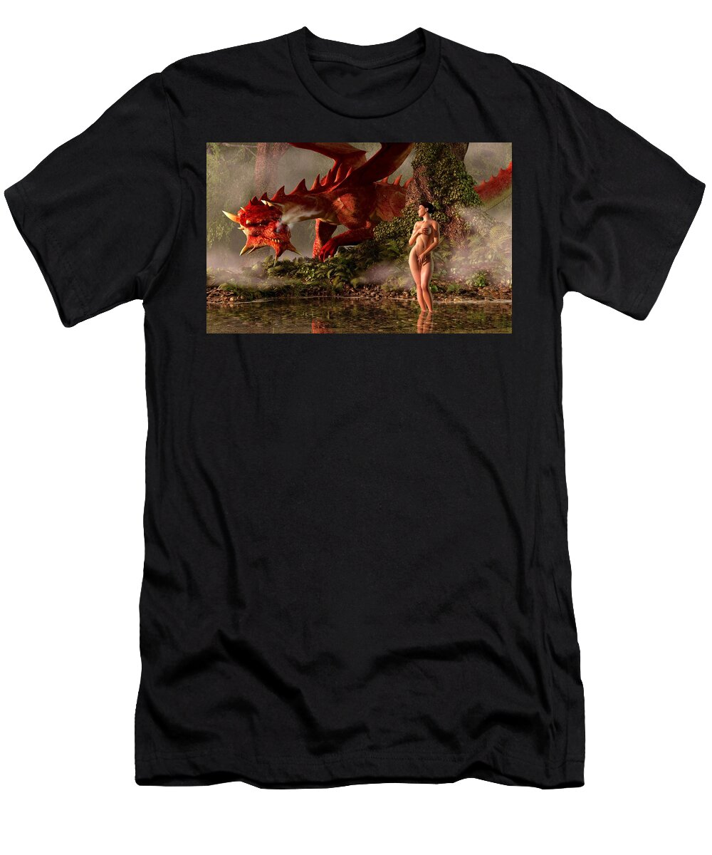 Bather T-Shirt featuring the digital art Red Dragon and Nude Bather by Kaylee Mason